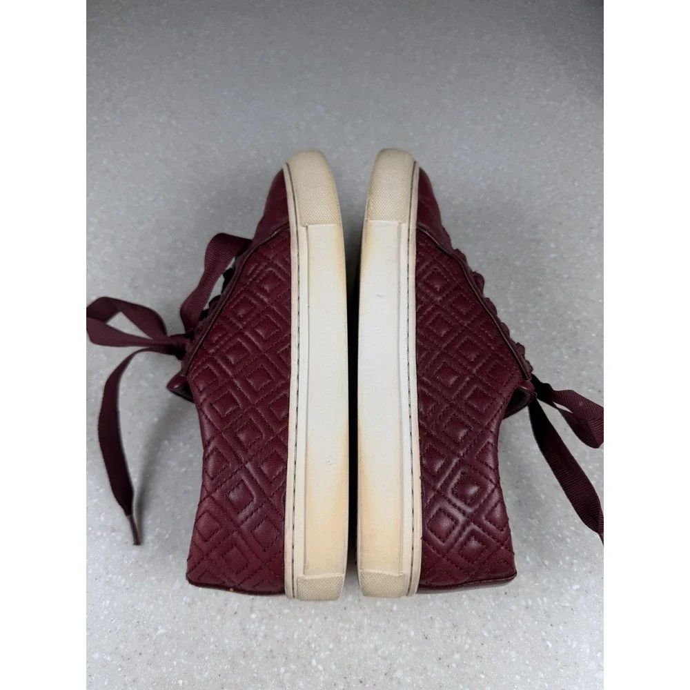 Tory Burch Marion Quilted Leather Logo Ribbon Laced Sneakers Red Burgundy 5.5M